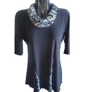 La De Coupe Women's 3/4 Sleeve Black Top with Patterned Cowl Neckline